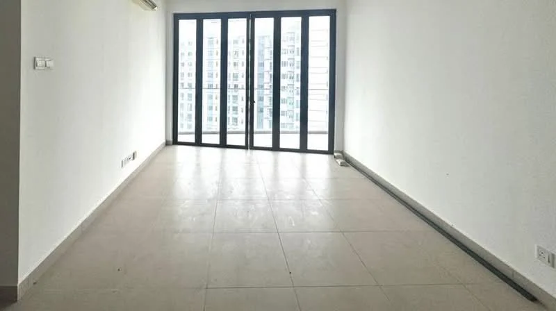 Room features: white painted walls, tile flooring, floor-to-ceiling windows, sliding glass door, natural light, minimalist design, open space, neutral color palette; style: modern; view: city.