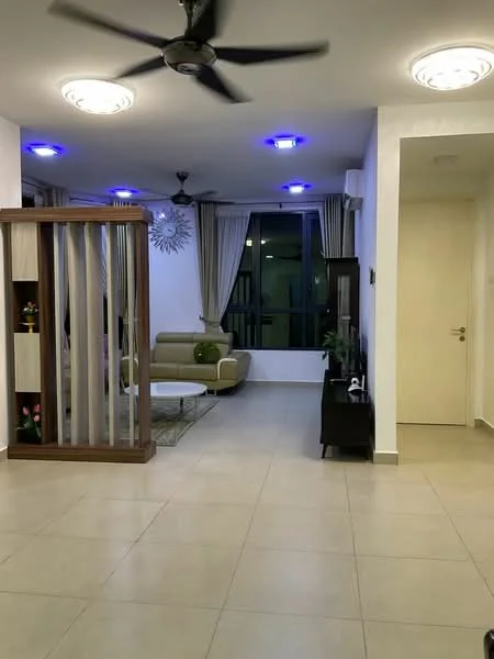 Living features: 3-seater fabric sofa in beige, coffee table, TV console, wall-mounted TV, area rug, ceiling fan with light, recessed LED downlights, floor-to-ceiling windows, curtains, decorative wall panel, decorative mirror, plant in ceramic pot, light-colored tiled flooring, white painted walls; style: modern; view: city.