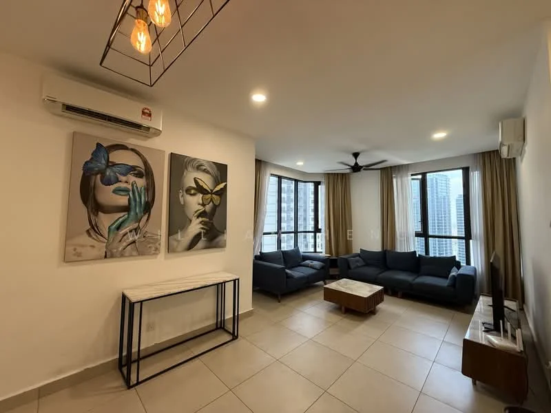 Living features: white painted walls, tile flooring, 5-blade ceiling fan with light, sofa in dark blue fabric, coffee table in light wood, wall-mounted TV, decorative artwork with butterfly motifs, floor-to-ceiling windows, curtains in beige, air conditioning unit; style: modern; view: city.