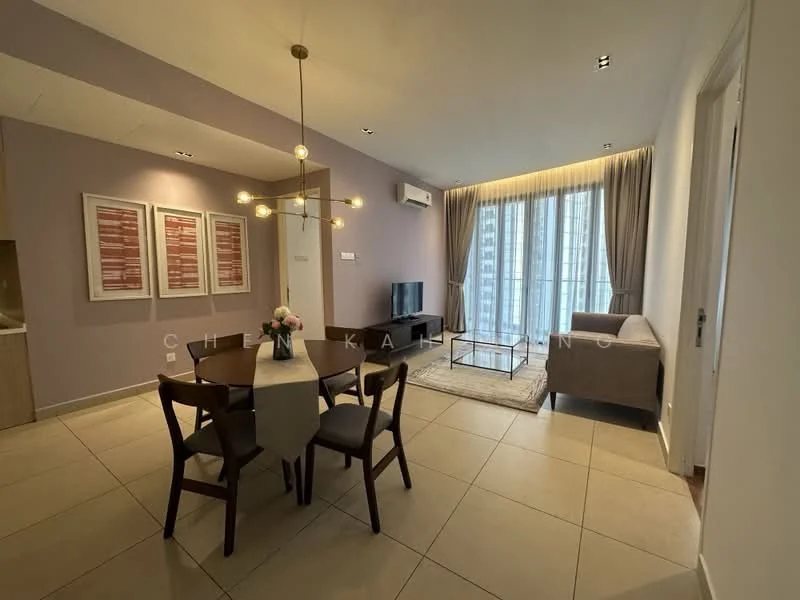 Living features: light grey sofa, wooden dining table for four, four dining chairs, wall-mounted TV, floor-to-ceiling windows, sheer curtains, recessed downlights, cream tiled flooring, decorative wall art, air conditioning unit; style: modern; view: city.
