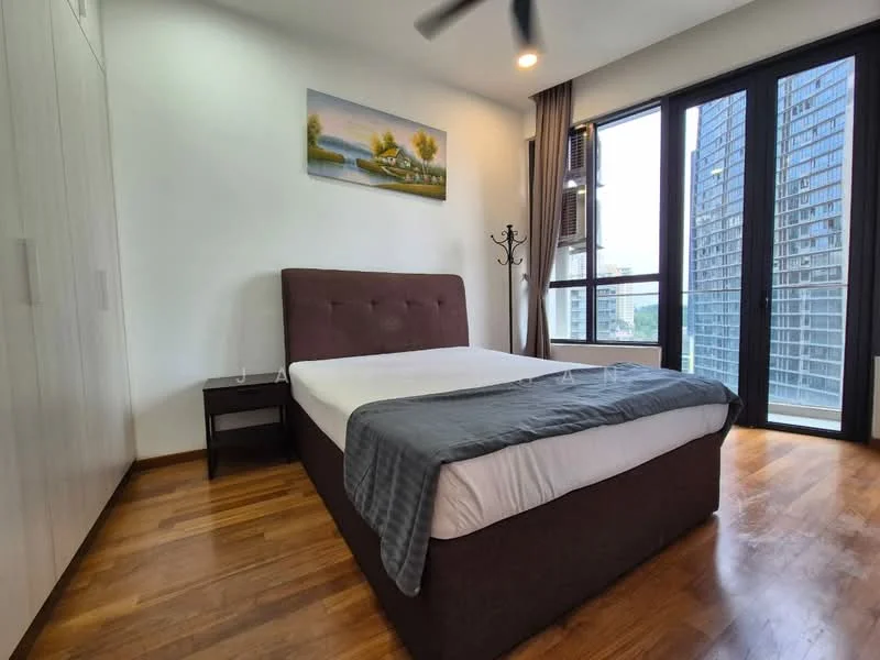 Bedroom features: queen-size bed, upholstered headboard, bedside table, floor-to-ceiling windows, wooden flooring, wall-mounted artwork, built-in wardrobe, curtains, ceiling fan; style: modern; view: city.