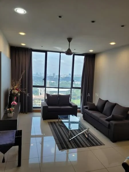 Living features: floor-to-ceiling windows, grey fabric 3-seater sofa, grey fabric 2-seater sofa, glass coffee table, area rug with striped pattern, recessed downlights, ceiling fan, decorative flower arrangement, TV console, curtains in dark grey; style: modern; view: city.