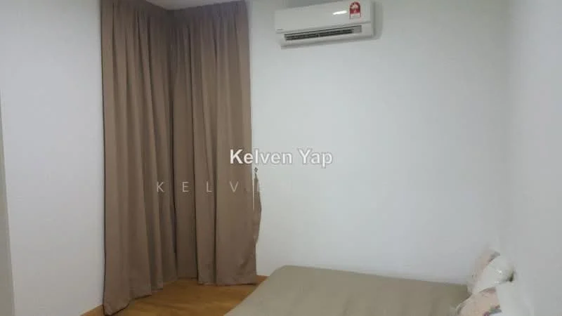 Bedroom features: light brown curtains, wall-mounted split AC, wooden flooring, white painted walls, queen-size bed, decorative pillows; style: modern.