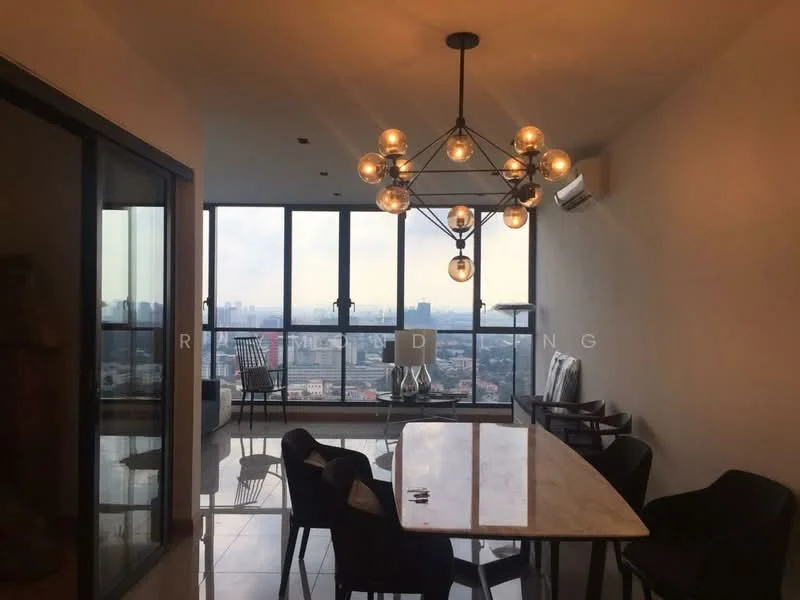 Dining features: marble dining table, upholstered dining chairs, chandelier with multiple bulbs, floor-to-ceiling windows, city skyline view, wall-mounted split AC, light-colored walls, tile flooring; style: modern; view: city.