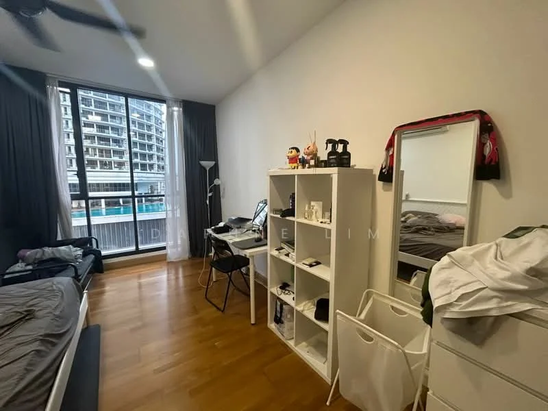 Bedroom features: queen-size bed with grey bedding, floor-to-ceiling windows, sliding glass door, curtains, wooden flooring, white painted walls, built-in wardrobe, dressing table with mirror, desk and chair, decorative items on shelves, area rug, light fixture, ceiling fan; style: modern; view: pool.