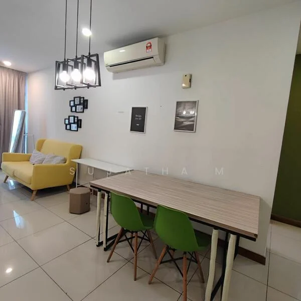 Dining features: white painted walls, glossy tile flooring, 1 wall-mounted split AC, dining table with light wood top, 2 green dining chairs, yellow fabric sofa, pendant light fixture with multiple bulbs, framed artwork on walls, decorative wall-mounted frames, floor-to-ceiling window with sheer curtains; style: modern.