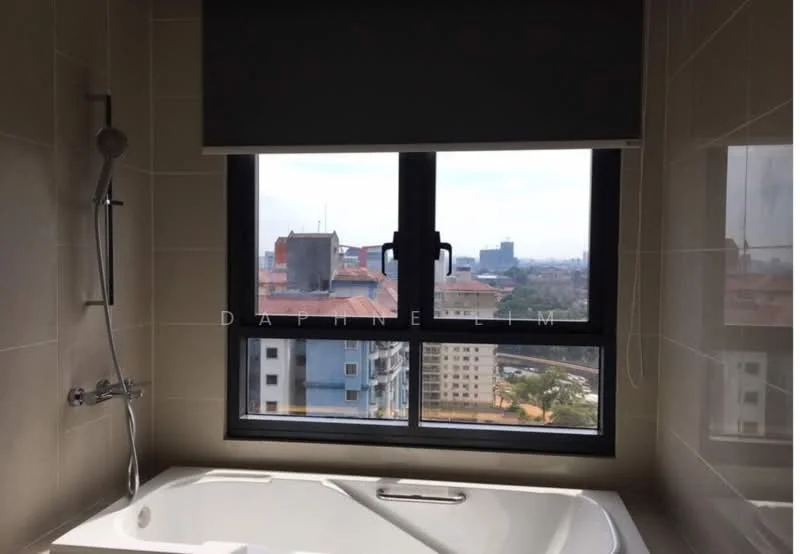 Bathroom features: freestanding bathtub, chrome handheld shower, window with city view, roller blinds, tile cladding, light-colored wall tiles, dark-colored floor tiles; style: modern; view: city.