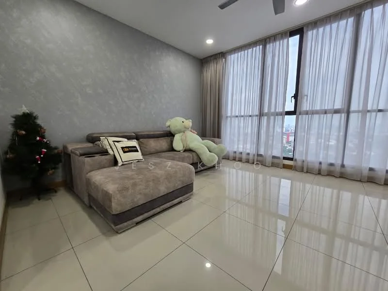 Living features: grey fabric sectional sofa, large green teddy bear, white walls with textured finish, cream tiled flooring, floor-to-ceiling windows, sheer curtains, decorative Christmas tree, ceiling fan with light; style: modern; view: city.