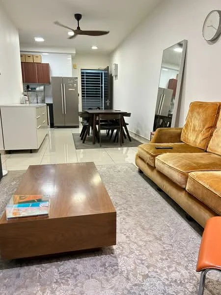 Living features: 3-seater fabric sofa in orange, wooden coffee table, area rug with floral pattern, floor-to-ceiling mirror, ceiling fan, wall-mounted TV, dining table with chairs, tile flooring, white painted walls, recessed downlights; style: modern. Kitchen features: stainless-steel fridge, built-in oven, freestanding range oven, white cabinetry, black countertop, ceramic tile backsplash, sink, kitchen island, recessed lighting; style: modern.
