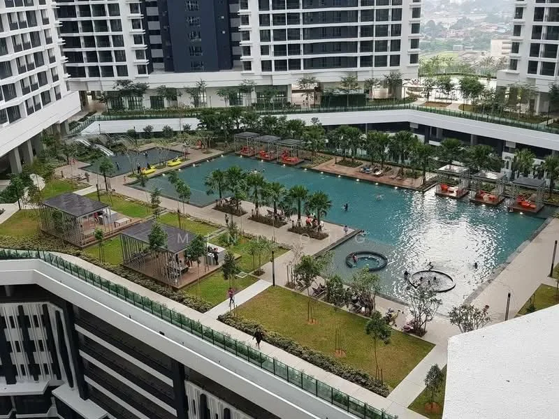 Exterior type: high-rise condominium; features: infinity pool, children's playground, landscaped garden, manicured lawn, pool deck with loungers, water feature, surrounding greenery, multiple seating areas, jogging track; style: modern.