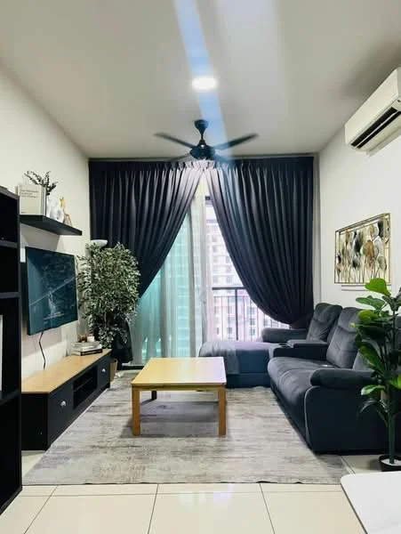 Living features: 3-seater fabric sofa in grey, coffee table, TV console, wall-mounted TV, area rug with geometric pattern, 5-blade ceiling fan with light, floor-to-ceiling windows, blackout curtains, decorative plant in ceramic pot, light-colored wall, cream tiled flooring, artwork on wall; style: modern; view: city.
