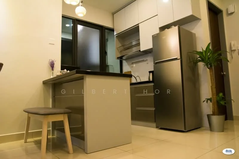 Kitchen features: grey cabinetry, white countertop, stainless-steel fridge, built-in oven, 4-burner gas hob, single-bowl stainless-steel sink, chrome pull-down faucet, open shelving, pendant lighting, tile flooring, window with black frame, plant in pot; style: modern.