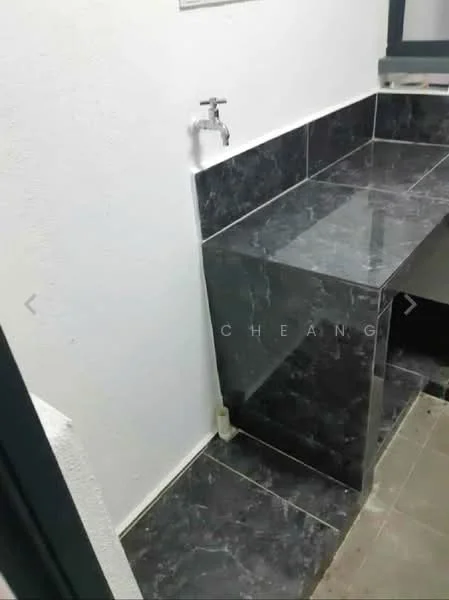 Bathroom features: black marble countertop, white painted walls, chrome faucet, black marble flooring, built-in cabinetry, sink area, mirror above countertop; style: modern.