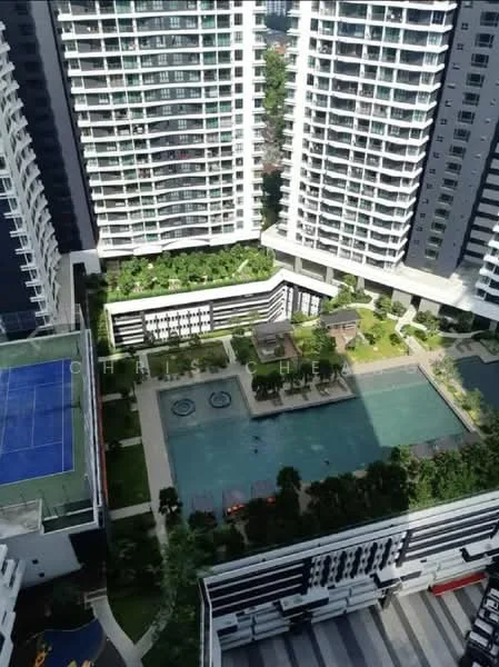 Exterior type: high-rise condominium; features: infinity pool, tennis court, landscaped garden, children's playground, pool deck with loungers, jogging track, BBQ pit, manicured lawn, multiple residential towers, surrounded by greenery; style: modern.