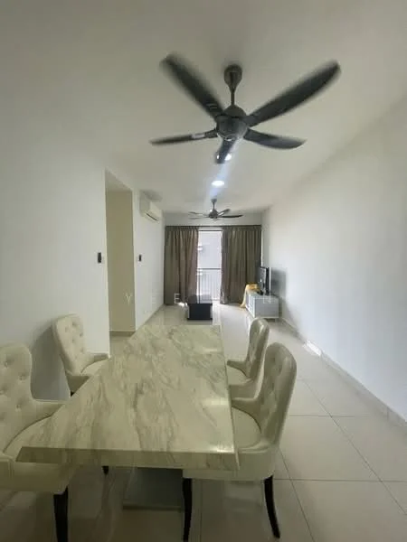 Dining features: marble dining table, upholstered dining chairs, 5-blade ceiling fan with light, wall-mounted TV, floor-to-ceiling windows, sheer curtains, cream painted walls, tile flooring, recessed downlights; style: modern. Living features: sofa, coffee table, TV console; style: modern.