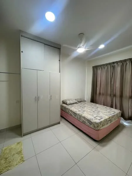 Bedroom features: queen-size bed with patterned bedding, built-in wardrobe with sliding doors, tile flooring, white painted walls, ceiling fan with light, curtains on window, area rug, natural light from window; style: modern.