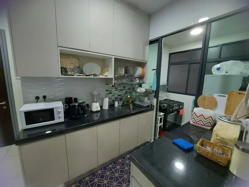 Kitchen features: black granite countertop, light grey cabinetry, built-in microwave, blender, stainless-steel sink, chrome faucet, dish rack, glass tile backsplash, kitchen appliances including kettle and coffee machine, open shelving, floor tiles with geometric pattern; style: modern.