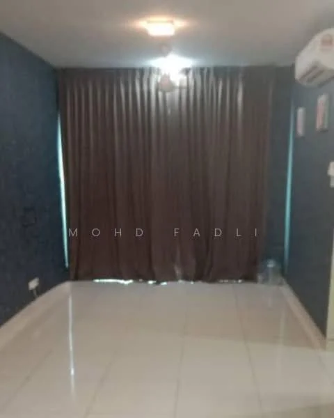 Room features: blue wallpaper, white tiled flooring, brown curtains, ceiling light, wall-mounted split AC; style: modern.
