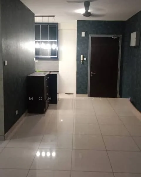 Room features: dark blue wallpaper, white tiled flooring, ceiling fan, built-in cabinets, wall-mounted light fixtures, dark wooden door, light switch, power outlet; style: modern.