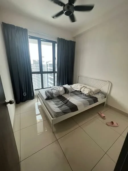 Bedroom features: queen-size bed with white frame, grey and white bedding, floor-to-ceiling windows, blackout curtains, light-colored walls, glossy tile flooring, 5-blade ceiling fan, sliding door, decorative pillows, pink slippers on floor; style: modern; view: city.