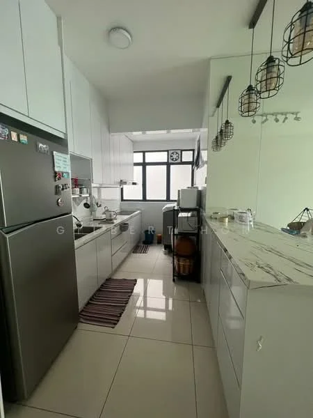 Kitchen features: white cabinetry, marble countertop, stainless-steel fridge, built-in oven, freestanding range oven, single-bowl stainless-steel sink, chrome pull-down faucet, tile flooring, pendant lighting, window with city view, open shelving, decorative items on countertop, striped area rug; style: modern; view: city.