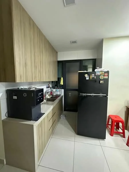Kitchen features: wood cabinetry, black refrigerator, stainless-steel sink, chrome faucet, countertop with backsplash, built-in microwave, ceramic tile flooring, under-cabinet lighting, window with black frame, red plastic stool; style: modern.