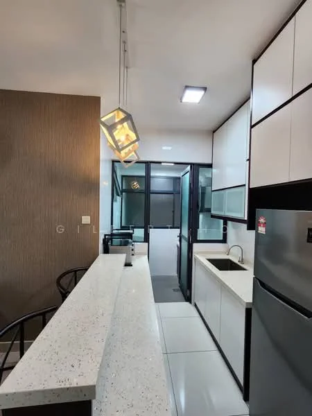 Kitchen features: white shaker cabinets, granite countertop, single-bowl stainless-steel sink, chrome pull-down faucet, built-in refrigerator, pendant light fixture, ceramic tile flooring, glass window, open layout, bar seating area; style: modern.