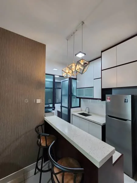Kitchen features: white cabinetry with flat-panel design, grey quartz countertop, single-bowl stainless-steel sink, chrome pull-down faucet, built-in oven, stainless-steel fridge, pendant lighting with geometric design, bar seating with two stools, glass sliding door, tile flooring, textured feature wall; style: modern.