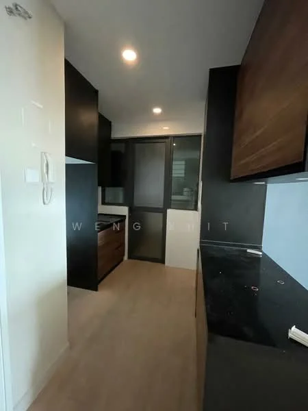Kitchen features: black cabinetry, wooden cabinetry, black countertop, stainless-steel sink, chrome faucet, built-in oven, glass door, light-colored flooring, recessed downlights, wall-mounted intercom, open shelving; style: modern.