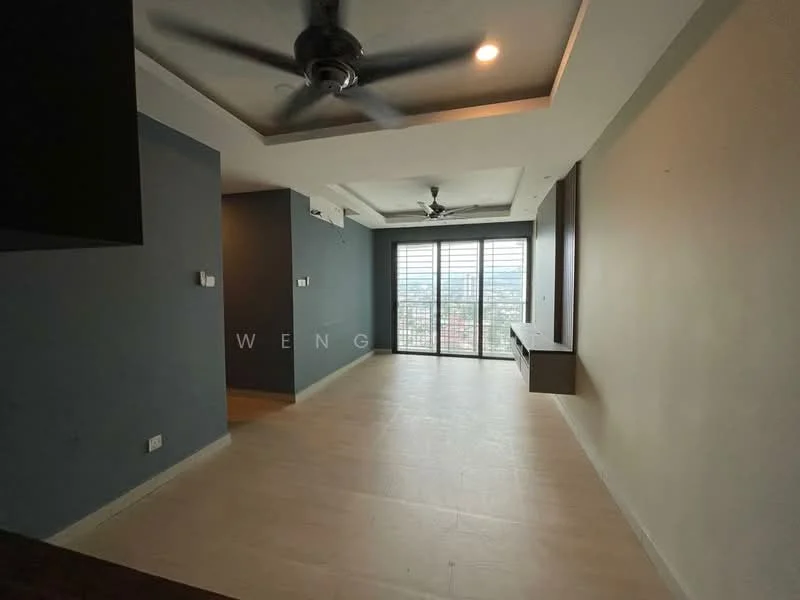 Living features: light-colored tile flooring, grey accent wall, white painted walls, tray ceiling, ceiling fan, floor-to-ceiling windows, sliding glass door, built-in TV console, natural light, city view; style: modern; view: city.