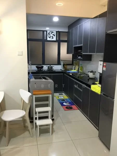 Kitchen features: black cabinetry, white tiled backsplash, stainless-steel fridge, built-in oven, 4-burner gas hob, single-bowl stainless-steel sink, chrome pull-down faucet, countertop with space for appliances, tile flooring, ceiling fan, window with blinds, step stool, colorful area rug; style: modern.