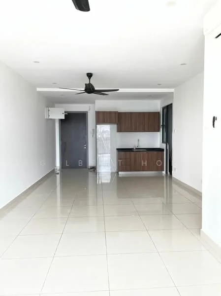 Living features: white painted walls, glossy ceramic tile flooring, 5-blade ceiling fan, large windows, kitchenette with wooden cabinetry, stainless-steel sink, countertop, open layout, neutral color scheme; style: modern.