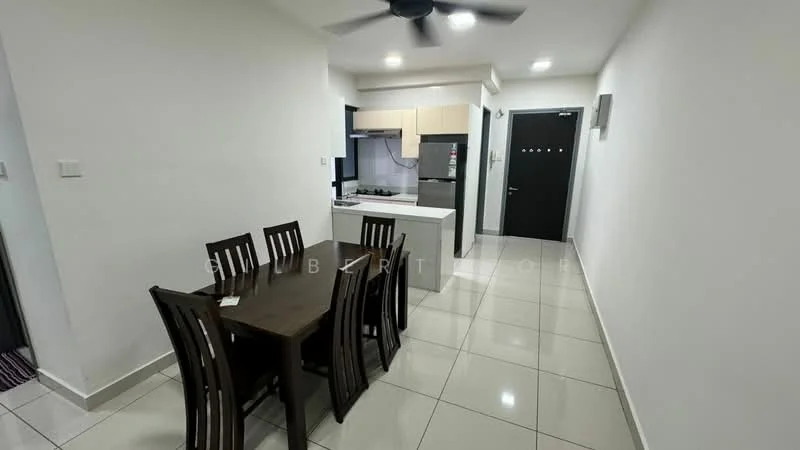 Dining features: 6-seater dining table, wooden dining chairs, white walls, tile flooring, ceiling fan, recessed lighting, open layout to kitchen, kitchen island with countertop; style: modern. Kitchen features: stainless-steel sink, gas stove, kitchen cabinets, white cabinetry, countertop, exhaust hood, tile backsplash; style: modern.