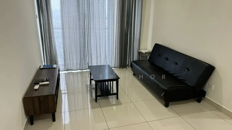 Living features: black leather sofa, coffee table with black legs, wooden TV console, white walls, glossy tile flooring, floor-to-ceiling windows, sheer curtains, city view; style: modern; view: city.