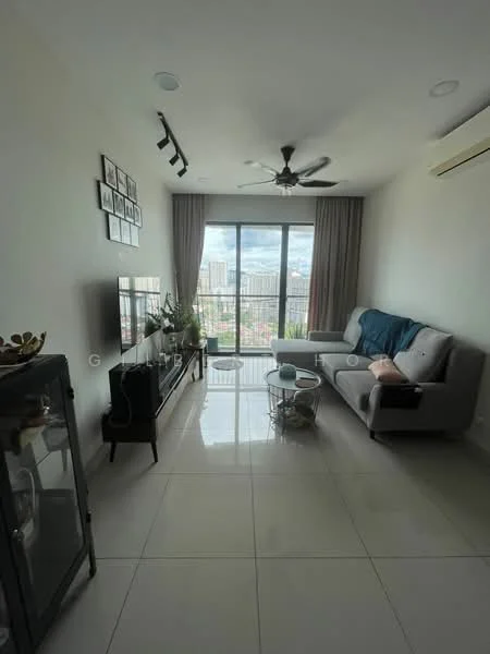 Living features: 3-seater fabric sofa in grey, single armchair, coffee table, TV console, wall-mounted TV, floor-to-ceiling windows, curtains, ceiling fan with light, recessed downlights, polished tile flooring, decorative wall art, plant in ceramic pot; style: modern; view: city.