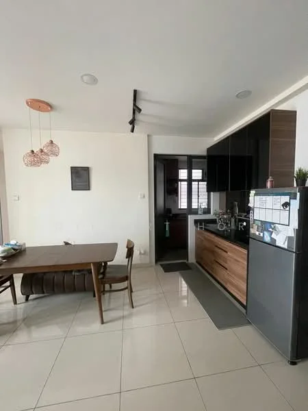 Kitchen features: black countertop, wood cabinetry, stainless-steel fridge, built-in oven, 4-burner gas hob, sink with faucet, pendant lighting, tile flooring, open layout, dining table with chairs, wall-mounted cabinets, sliding door, recessed lighting; style: modern.