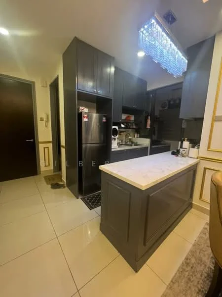 Kitchen features: dark grey cabinetry, white marble countertop, stainless-steel fridge, built-in microwave, 4-burner gas hob, chrome pull-down faucet, single-bowl stainless-steel sink, recessed downlights, chandelier lighting, ceramic tile flooring, open shelving, kitchen island with seating; style: modern.