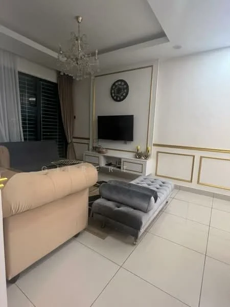 Living features: cream fabric sofa, grey tufted ottoman, wall-mounted TV, white TV console, chandelier, white painted walls with gold trim, large windows with sheer curtains, tile flooring, decorative wall clock; style: modern.