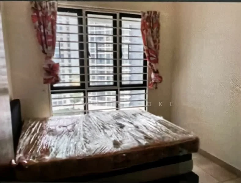 Bedroom features: queen-size bed with plastic wrap, floor-to-ceiling windows, curtains with floral pattern, light-colored walls, tile flooring, built-in wardrobe, decorative wall, city view; style: modern; view: city.