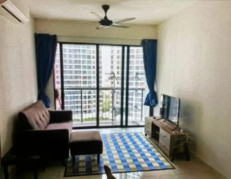 Living features: 3-seater fabric sofa in brown, coffee table, wall-mounted TV, TV console, area rug with geometric pattern, floor-to-ceiling windows, sliding glass door, blue curtains, ceiling fan, wall-mounted split AC, tile flooring, neutral painted walls; style: modern; view: city.