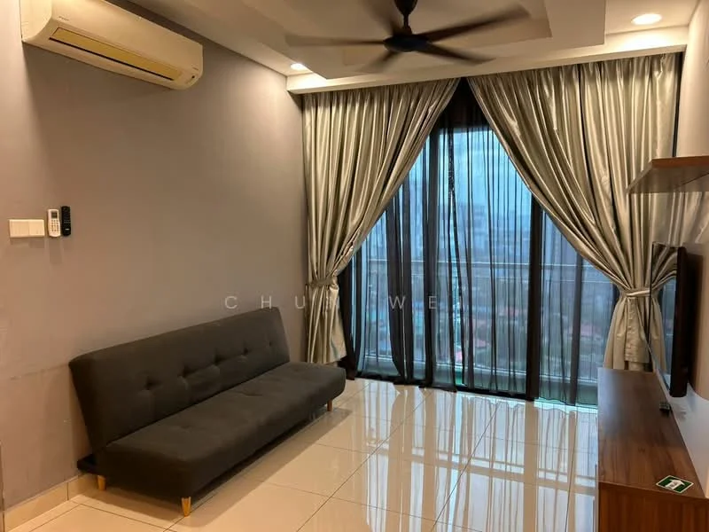 Living features: grey painted walls, white ceiling with recessed lighting, 5-blade ceiling fan, floor-to-ceiling windows, sheer curtains, blackout curtains, white tiled flooring, black fabric sofa, wooden TV console, wall-mounted TV, decorative wall panel; style: modern; view: city.