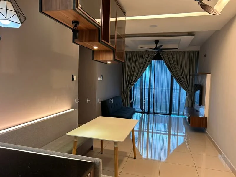Living features: grey accent wall, white painted walls, polished tile flooring, 5-blade ceiling fan, recessed downlights, hanging pendant lights, sofa in dark blue, TV console, floor-to-ceiling windows with sheer curtains, dining table with white surface, decorative wall paneling; style: modern; view: city.