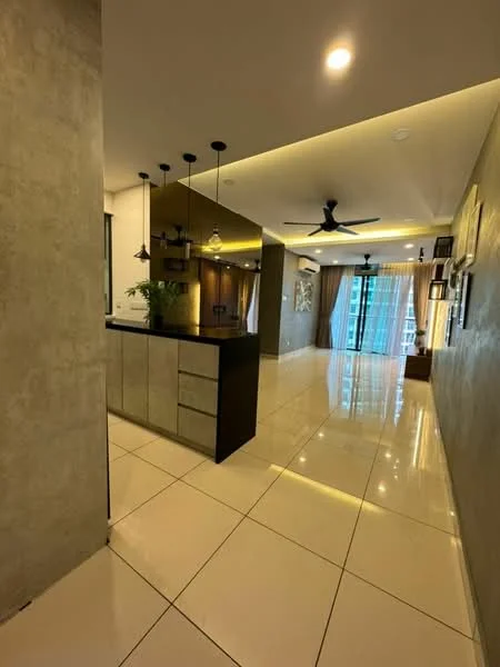 Room features: polished ceramic tile flooring, grey accent wall, exposed concrete wall, recessed downlights, pendant lights over counter, ceiling fan with light, large glass sliding door, curtains, open layout, kitchen island with countertop, wall-mounted air conditioning unit, decorative wall art; style: modern; view: city.