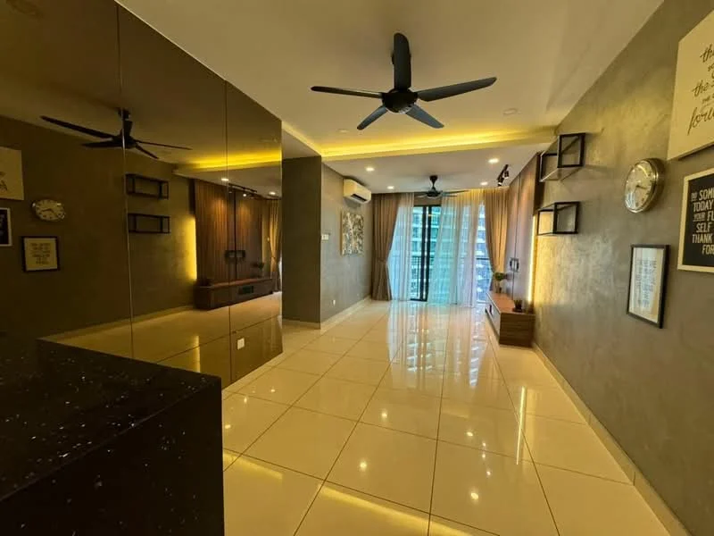 Living features: glossy white tile flooring, grey accent wall, recessed LED downlights, 5-blade ceiling fan, floor-to-ceiling windows, sheer curtains, wall-mounted TV, wooden TV console, decorative wall clock, framed artwork, open shelving, mirrored wall, sofa, area rug; style: modern; view: city.
