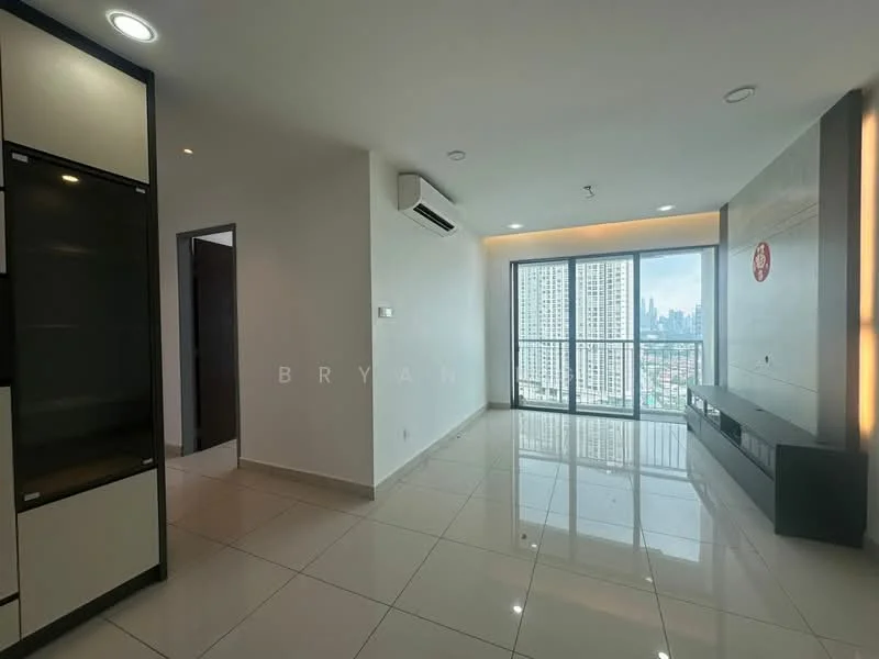 Living features: large floor-to-ceiling windows, white painted walls, glossy white tile flooring, recessed downlights, wall-mounted air conditioning unit, built-in TV console, neutral color scheme, city skyline view; style: modern; view: city.