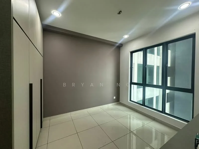 Room features: grey accent wall, white painted walls, glossy tile flooring, floor-to-ceiling windows, window treatments not visible, recessed downlights, built-in cabinetry, corner view; style: modern; view: courtyard.