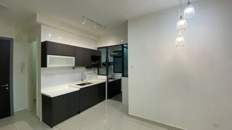 Kitchen features: black cabinetry, white countertop, single-bowl stainless-steel sink, chrome pull-down faucet, built-in oven, ceramic tile flooring, recessed downlights, pendant lights, glass window, open layout; style: modern.
