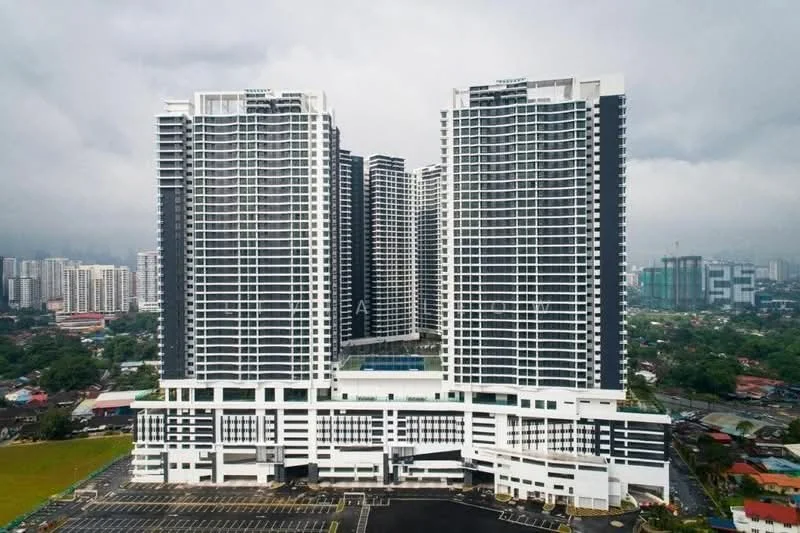 Exterior type: high-rise condominium; features: glass curtain wall, white painted facade, black accent panels, multiple recessed balconies, flat roof, approximately 20-storey high-rise, manicured lawn, open-air parking lot, surrounded by mature greenery, urban context with city skyline in background; style: modern.