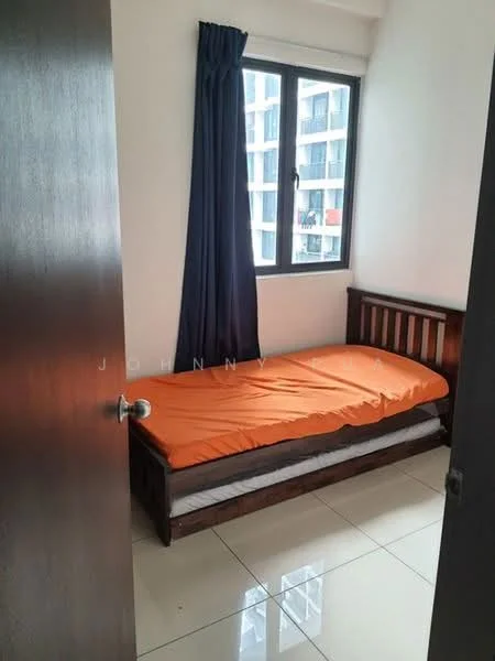 Bedroom features: single bed with wooden frame, orange bedspread, white walls, floor-to-ceiling window, dark blue curtains, glossy tile flooring, wooden door, door handle, natural light from window.
