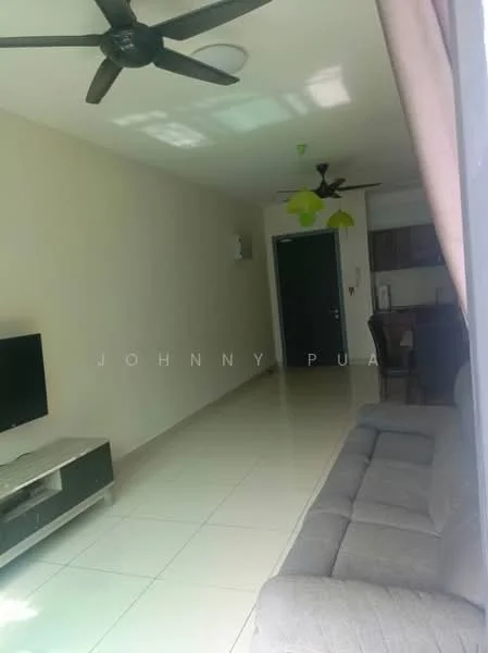 Living features: grey fabric sofa, wall-mounted TV, TV console, ceiling fan, recessed ceiling lights, cream painted walls, glossy tile flooring, open layout to kitchen, green pendant light, dark wooden door; style: modern.